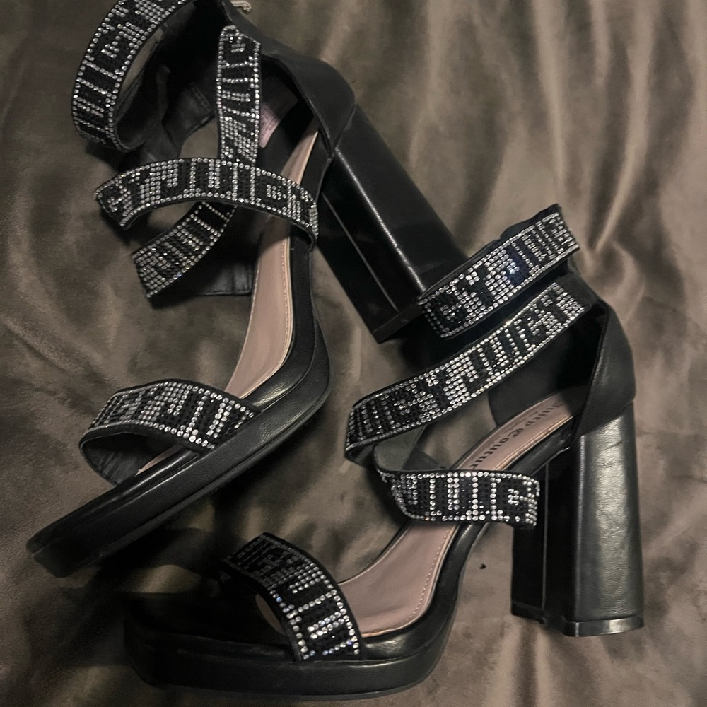 Juicy Couture Black Chunky Heels with Logo Strap